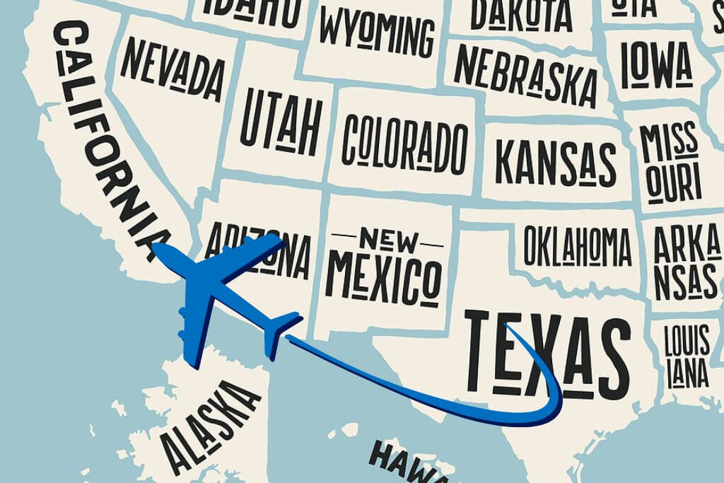 Poster map of United States of America with state names with an airplane graphic representing a short flight from Texas to California for Waismann Method rapid detox.