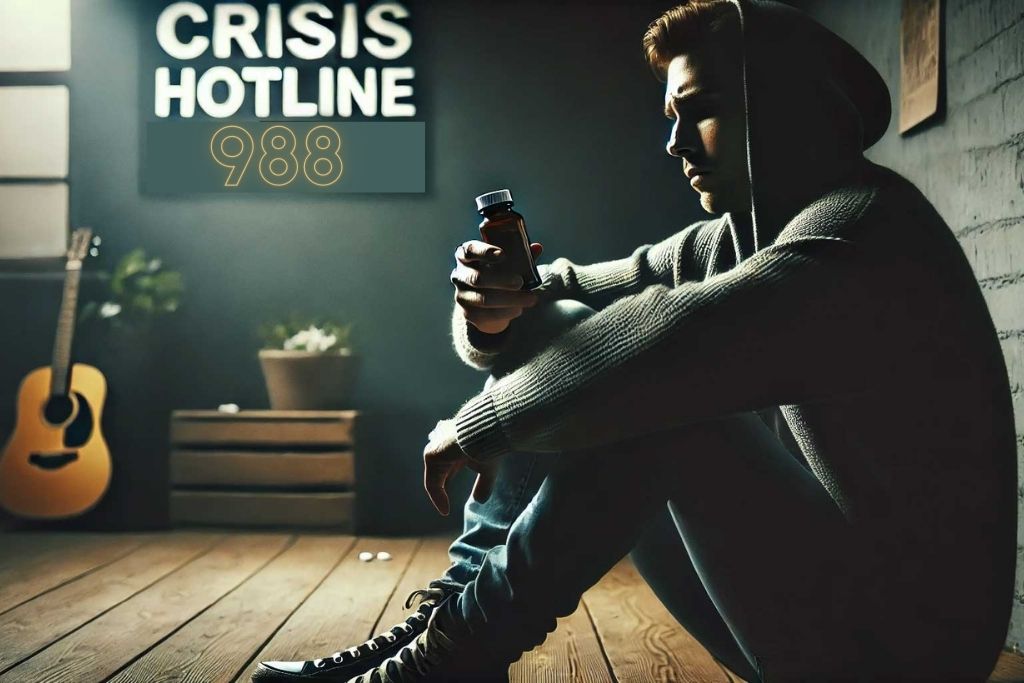 An illustration of a young man in a hoodie, sitting alone in a dimly lit room with a pill bottle in his hand. Concept of intentional opioid overdose.