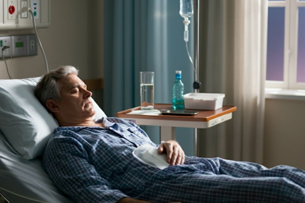 A photo-like image of an older men, resting in a private hospital room after medically assisted alcohol treatment