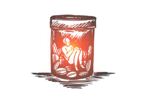 Concept of opioid tolerance. Hand drawn man sitting inside of bottle with drugs or pills concept sketch. Isolated vector illustration.