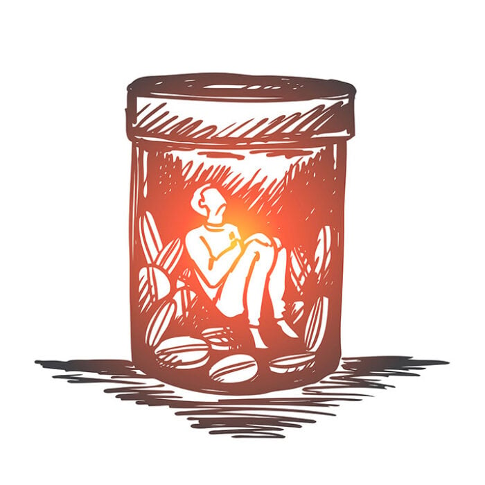 Concept of opioid tolerance. Hand drawn man sitting inside of bottle with drugs or pills concept sketch. Isolated vector illustration.