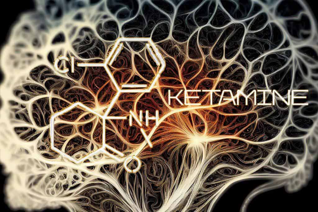 Ketamine illustration, chemical formula, molecular structure - concept of ketamine and opioids risks and complexities