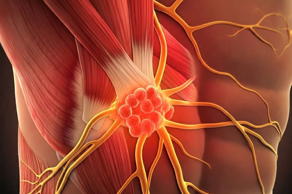 Close-up illustration of nerves and inflamed muscle tissue, depicting the physiology of pain.