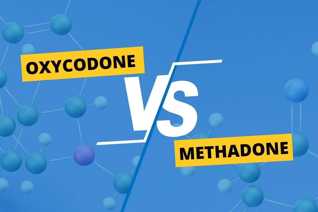 a blue background with chemical structures, concept of oxycodone vs methadone