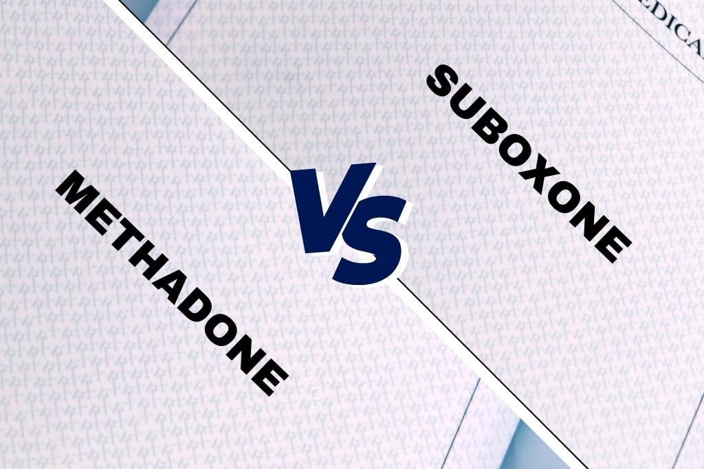 Two prescription orders side by side - one for methadone, the other for suboxone. Concept of difference between methadone and suboxone